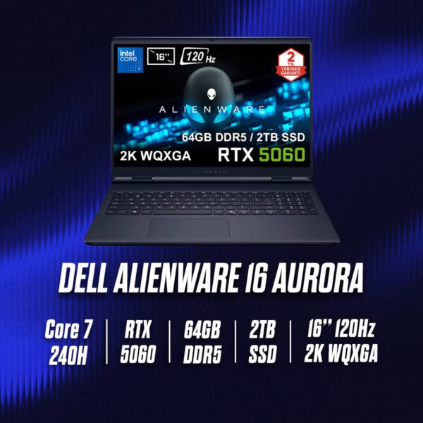 Dell Alienware 16 Aurora gaming dizüstü bilgisayarı, 16 inç 2K WQXGA ekran, Intel Core i7-240H, RTX 5060 8GB, 64GB DDR5, 2TB SSD, 120Hz yenileme hızı ve Ubuntu işletim sistemi ile.