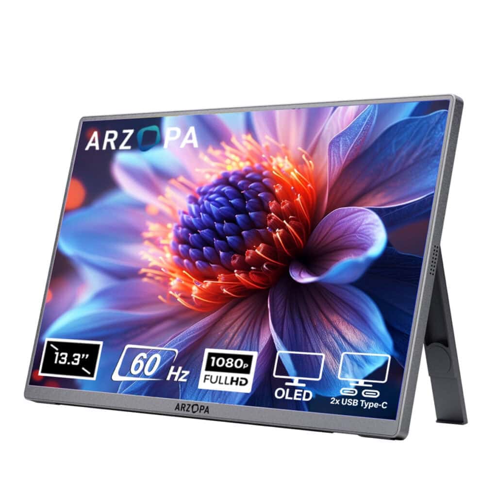 Parlak ve canlı arka plan ile 13.3 inç OLED ekranlı gaming monitörü, 60Hz yenileme hızı, FULL HD çözünürlük ve çift USB-C bağlantısı özellikleriyle öne çıkıyor.
