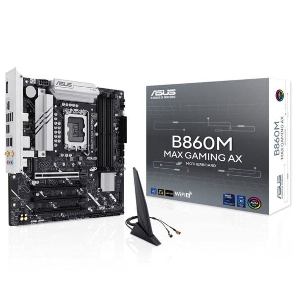 Yüksek kalite ASUS B860M MAX GAMING AX anakart ve Wi-Fi 6 özellikleri, gamerlar ve bilgisayar meraklıları için ideal, gelişmiş bağlantı ve performans sunar.
