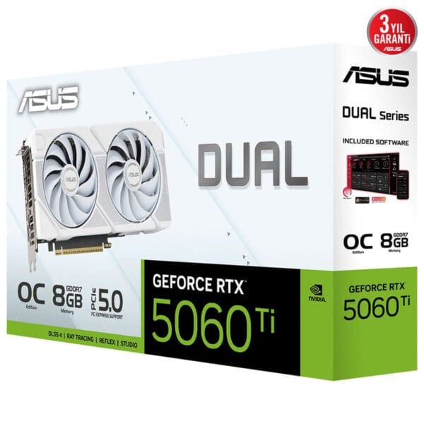 üstün kaliteli gaming ekran kartı, ASUS GeForce RTX 5060 Ti, 8GB GDDR7, yüksek performanslı oyun ve grafik tasarım, dahili soğutma sistemi ve dayanıklı yapıya sahip, üretici garantisiyle güvenli alışveriş.