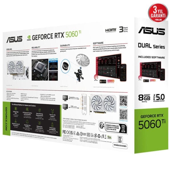 Yüksek performanslı ASUS GeForce RTX 5060 Ti ekran kartı ve 8GB GDDR7 belleği ile oyun ve2024 içerik üretimi için ideal, ekran içi soğutma ve gelişmiş grafik teknolojileriyle öne çıkar.