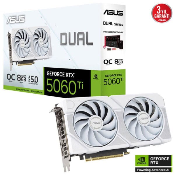 Yüksek performanslı ASUS GEFORCE RTX 5060 Ti ekran kartı, çift fanlı soğutma sistemi ve 8 GB GDDR7 bellek ile oyun ve grafik tasarım için ideal.