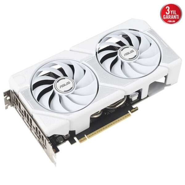 Yüksek performanslı beyaz ASUS grafik kartı, güçlü soğutma fanları ve detaylı tasarımıyla oyun ve grafik işlemleri için optimize edilmiştir.