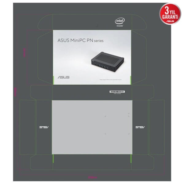 İyi performanslı mini PC için ASUS MiniPC PN serisi kutu tasarımı, ince detaylar ve kompakt yapıyla yüksek performans sağlayan ürün görseli.