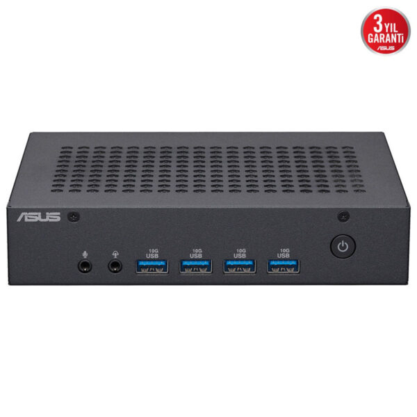 Yüksek performanslı ASUS mini bilgisayar, 4 adet USB 3.2 port, güç düğmesi ve mikrofon ile kulaklık girişine sahip, kompakt ve dayanıklı tasarım, ofis ve ev kullanımı için ideal.