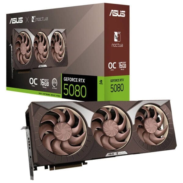 Yüksek performanslı ASUS Noctua ile uyumlu GeForce RTX 5080 ekran kartı, üç fanlı tasarımı ve 16GB GDDR6X bellek ile oyun ve grafik tasarım için ideal.
