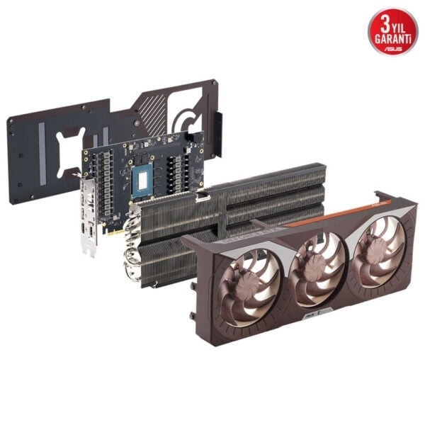 Yüksek performanslı ASUS ekran kartı ve soğutucu soğutucu fanlarıyla görüntü ekipmanı, oyun ve grafik tasarım performansını artırmak için tasarlanmış modern bileşenler.