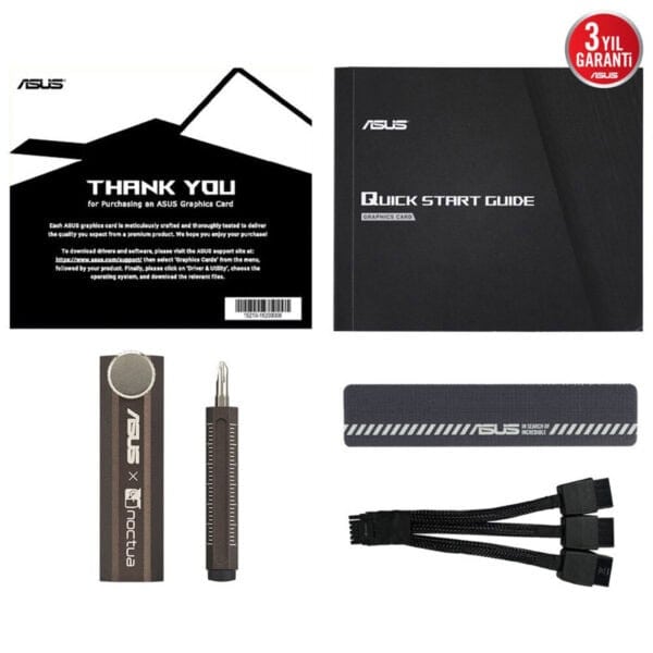 Yüksek kaliteli ASUS ekran kartı paketi, kurulum kılavuzları, güç kabloları ve bakım aksesuarları ile birlikte gelen eşsiz oyun performansı için tasarlanmış grafik kartı aksesuarları.