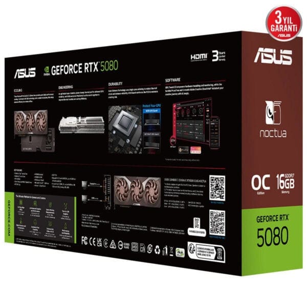 Yüksek performanslı Asus GEFORCE RTX 5080 ekran kartı kutu tasarımı, soğutma çözümleri, dayanıklılık ve yüksek bellek kapasitesi ile oyun ve grafik tasarım kullanıcıları için optimize edilmiştir.