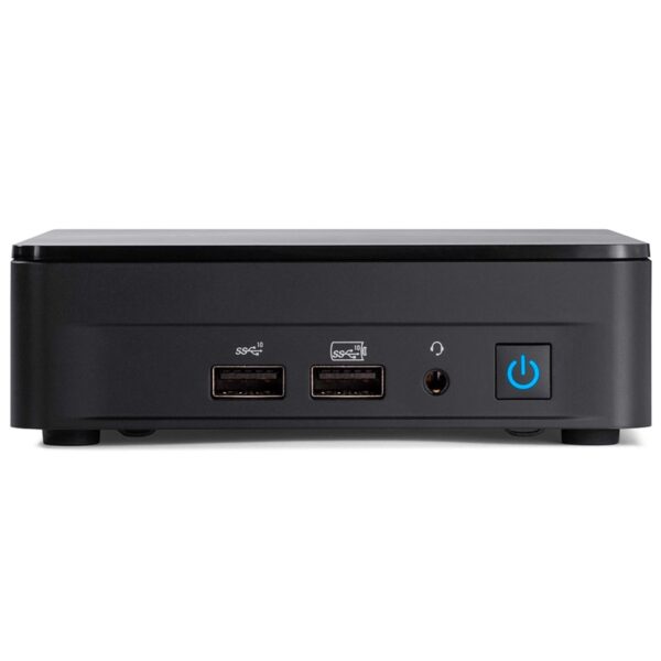 Yüksek kaliteli oyun ve ofis kullanımı için tasarlanmış siyah mini bilgisayar güç düğmesi ve USB portlarıyla donatılmış kompakt bilgisayar kasası.