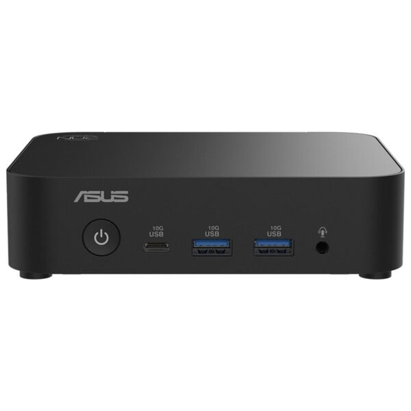 Yüksek hızlı USB ve güç bağlantı noktalarına sahip siyah ASUS mini bilgisayar veya medya merkezi, kompakt ve şık tasarımıyla ev ve ofis kullanımına uygun.