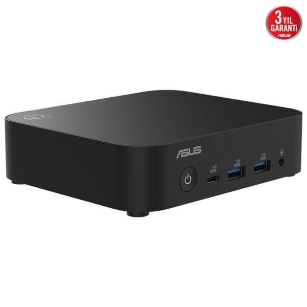 Kablo yönetimi ve yüksek performanslı bağlantı için ASUS mini bilgisayar kutusu, USB 3.0 ve USB Type-C portları ile modern tasarım.