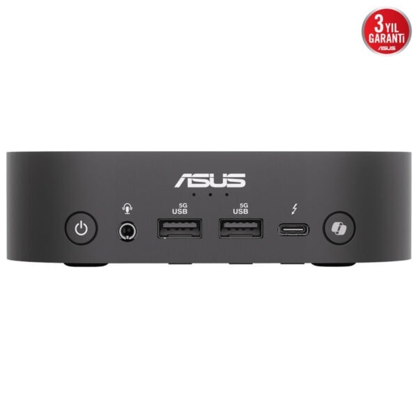 Yüksek çözünürlüklü ASUS mini bilgisayar bağlantı portları, USB ve güç düğmesi, oyun ve performans odaklı mini PC, modern tasarım ve yüksek performans, teknoloji ve oyun tutkunları için uygun.