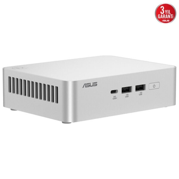 Yüksek performanslı mini bilgisayar, Asus marka, ışık beyaz renk, çeşitli USB portları ve küçük boyutlarıyla masaüstü ve oyun kullanıcıları için ideal, güçlü ve kompakt tasarım.