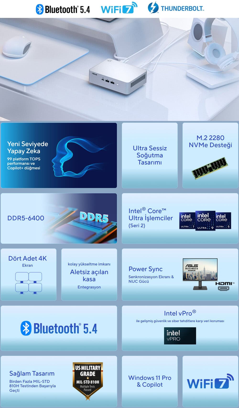 Bluetooth 5.4 ve WiFi 7 özellikleriyle gaming ve teknoloji uyumlu bağlantı cihazları, sessiz soğutma tasarımı, M.2 NVMe destekleri, DDR5 RAM uyumluluğu ve 4K ekran entegrasyonu, yüksek performans sunar.