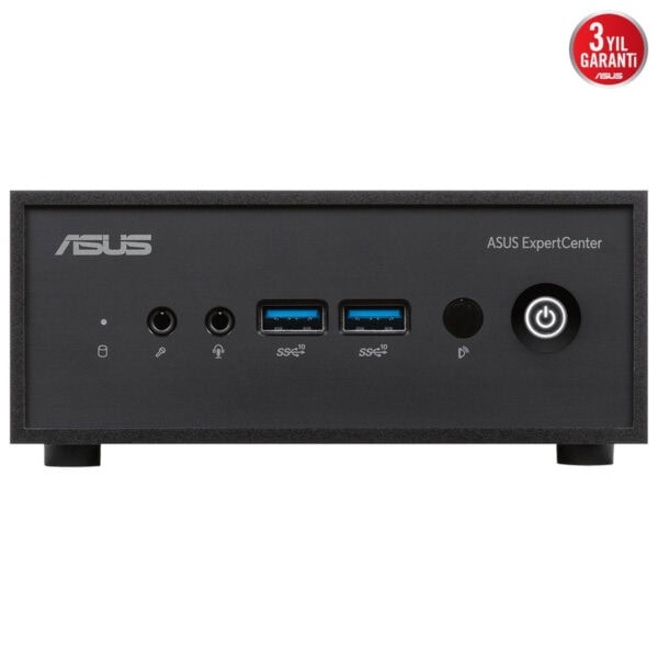 Güç düğmesi ve USB bağlantı noktalarına sahip ASUS ExpertCenter masaüstü bilgisayar ön paneli, yüksek kaliteli tasarımıyla etkileyici performans ve dayanıklılık sunar.