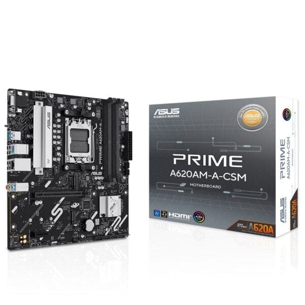 Yüksek çözünürlüklü ASUS Prime A620AM-A-CSM anakart ve kutu görüntüsü, oyuna hazır bilgisayar donanımı ve yüksek performanslı anakartlar hakkında bilgi sağlar, oyuncular ve teknoloji meraklıları için ideal seçim.