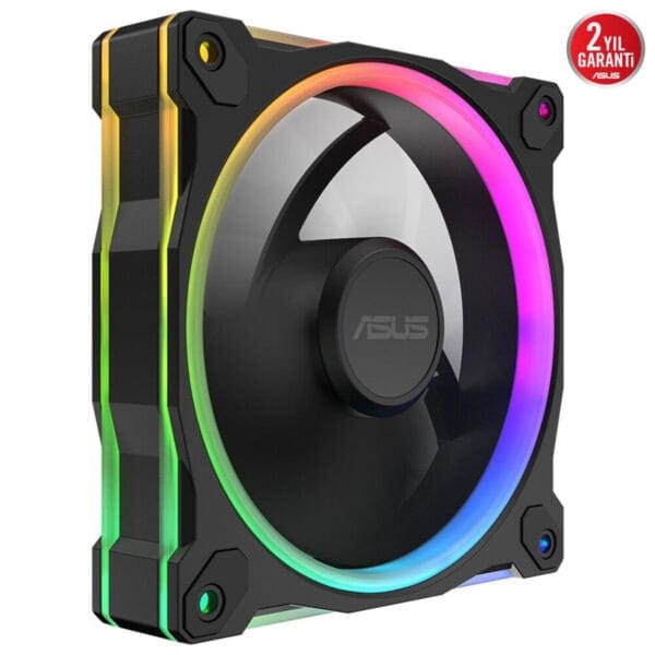 Renkli RGB aydınlatmalı ASUS PC kasa fanı, yüksek performanslı soğutma ve estetik tasarım ile gaming ve bilgisayar toplama için ideal.