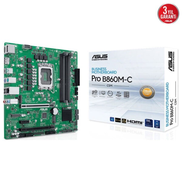 Yüksek çözünürlüklü ASUS Pro B860M-C ana kart ve kutusu, kurumsal ve güçlü performans için tasarlanmış, üstün dayanıklılık ve güvenilirlik sağlar, güncel bağlantı özellikleri ile dikkat çeker.
