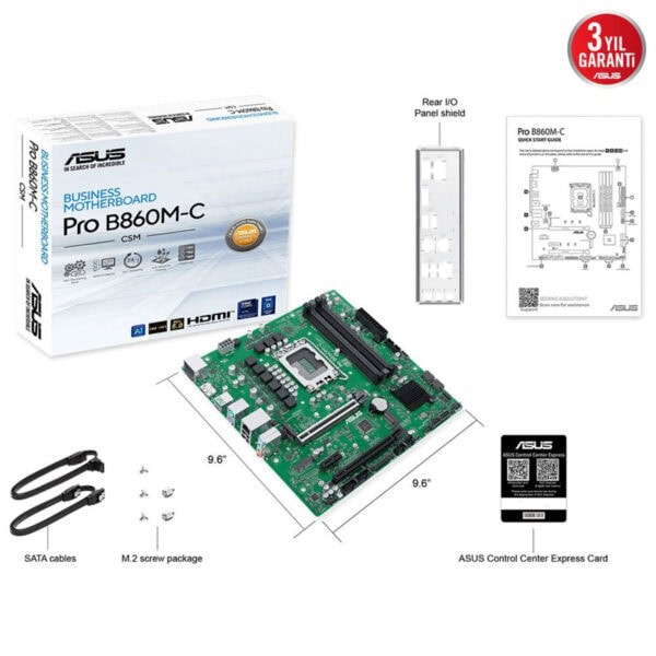 Yüksek çözünürlüklü ASUS Pro B860M-C İşletme Anakartı ve aksesuarları, performans ve dayanıklılık için tasarlanmış, kurulum ve kullanım kılavuzlarıyla birlikte.