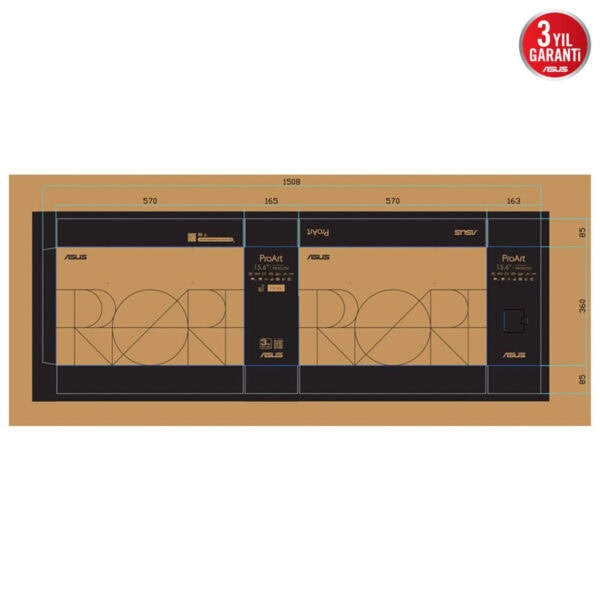 Yüksek çözünürlüklü ASUS ProArt 15.6 inç monitör kutu tasarımı, ölçüler ve teknik bilgiler detaylı şekilde gösteriliyor.