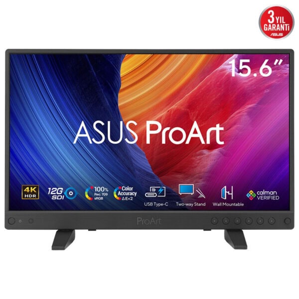 Yüksek çözünürlüklü ASUS ProArt 15.6 inç monitör, profesyonel grafik ve tasarım için ideal, renk doğruluğu ve 4K HDR desteği sağlar.