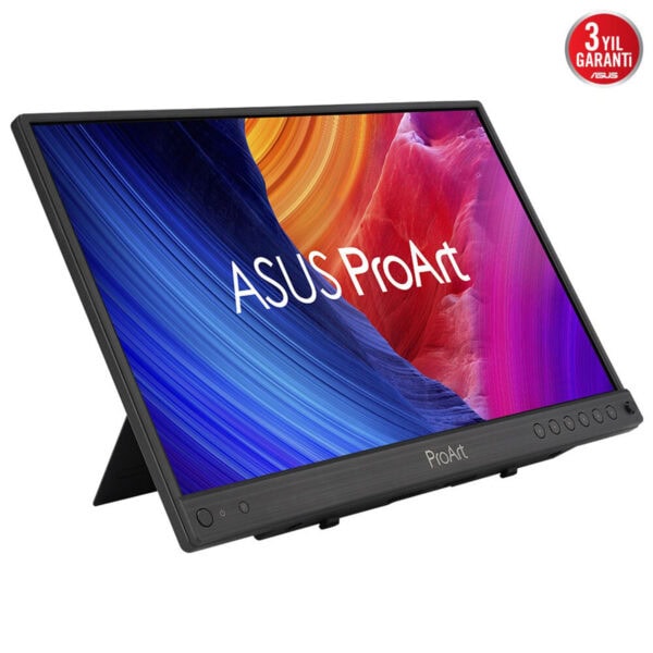 Yüksek çözünürlüklü ASUS ProArt taşınabilir monitör, profesyonel grafik tasarım ve oyunlar için ideal, geniş renk yelpazesi ve yüksek performans sunar, 3 yıl garanti ile güvenilir kullanım sağlar.