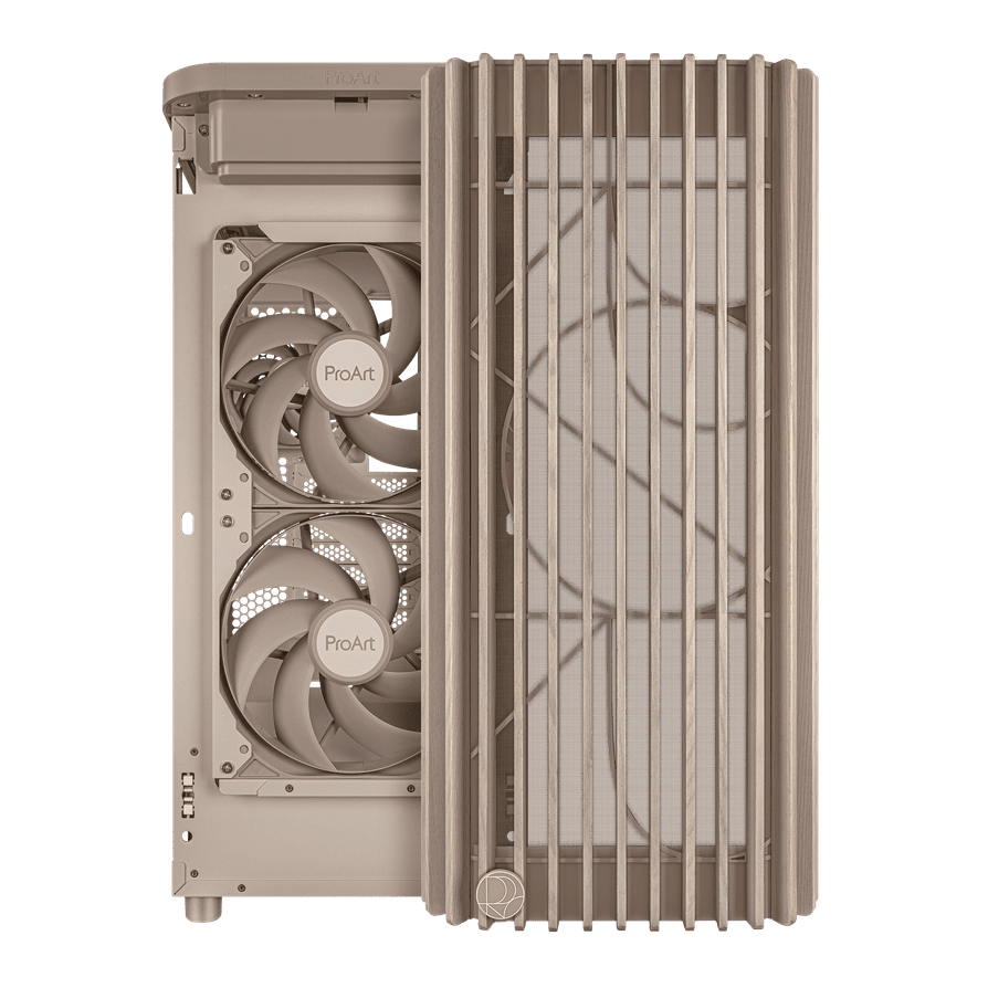 ProArt ile tasarlanmış şık ve modern bilgisayar kasası, mükemmel hava akışı sağlayan çift fanlı soğutma sistemi ve doğal ahşap detaylarıyla yüksek performans ve estetiği bir arada sunar.