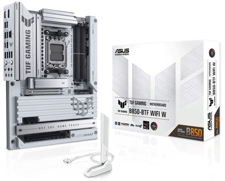 Şık ve yüksek performanslı ASUS TUF Gaming B850-BTF WiFi ana kartı ve uydu anteni, oyun ve teknolojii severler için optimize edilmiştir.