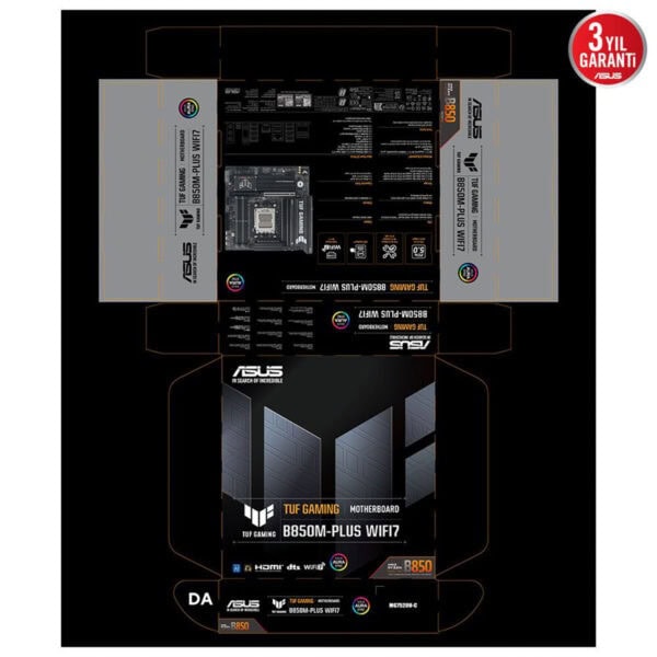 Yüksek kaliteli ASUS B850M-Plus WiFi7 anakart kutu tasarımı, detaylı teknik özellikler ve garantili ürün açıklaması içerir. Oyun ve performans odaklı modern ana kart, WiFi 7 ve AMD B850 yonga seti ile güçlendirilmiştir.