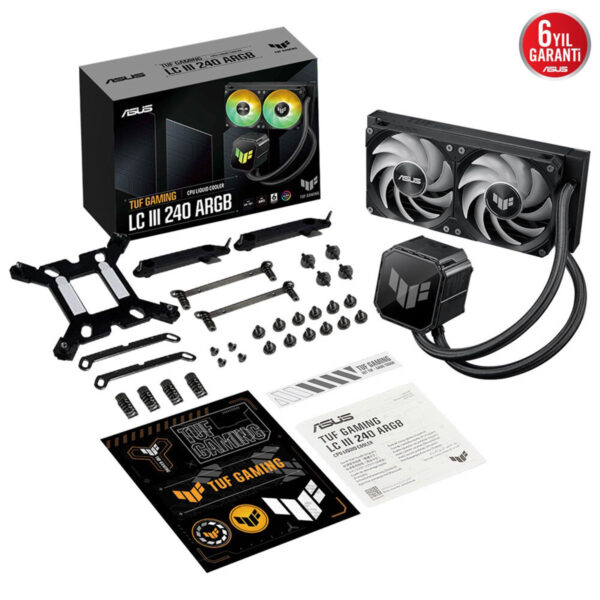 Yüksek performanslı ASUS TUF Gaming LC III 240 ARGB sıvı soğutucu, RGB aydınlatmalı radyatör ve fanlar ile oyun bilgisayarları için ideal soğutma çözümü.