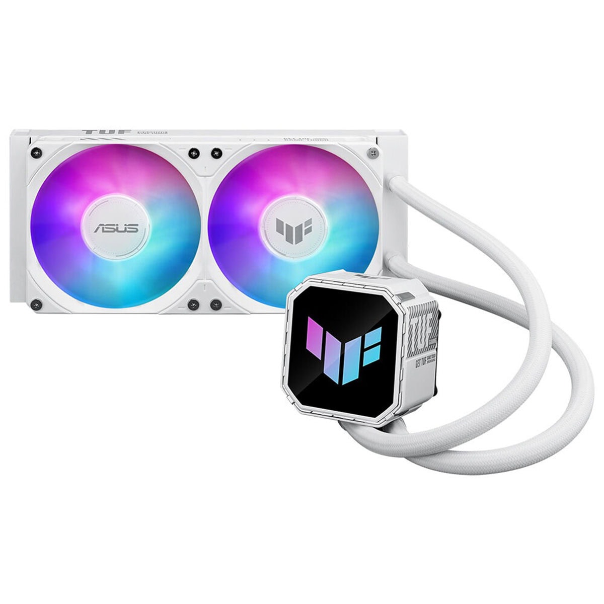 Yüksek performanslı bilgisayar su soğutucu, renkli RGB fanlı, ASUS ve YDF logosu, modern tasarım, oyun ve yüksek teknolojili donanım soğutma çözümü.