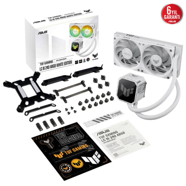 Yüksek performanslı ASUS TUF Gaming LC III 240 ARGB sıvı soğutucu, RGB LED aydınlatmalı fanlar ve montaj aksesuarlarıyla birlikte, güçlü ve şık bilgisayar soğutma sistemi.
