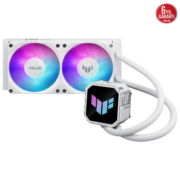 Yüksek performanslı ASUS su soğutmalı bilgisayar işlemcisi, RGB aydınlatmalı fanlar ve modern tasarım, oyun ve gelişmiş bilgisayar performansı için ideal.