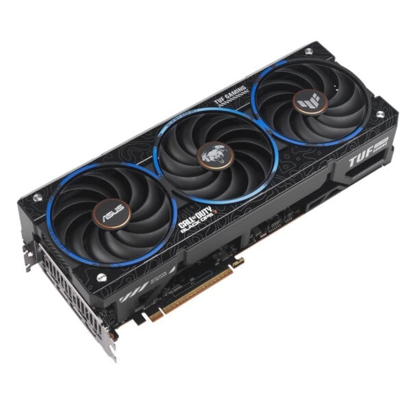 Yüksek performanslı ASUS TUF Gaming ekran kartı, 3 fanlı soğutma sistemi ve Call of Duty Black Ops Cold War tasarımıyla oyun severler için ideal.