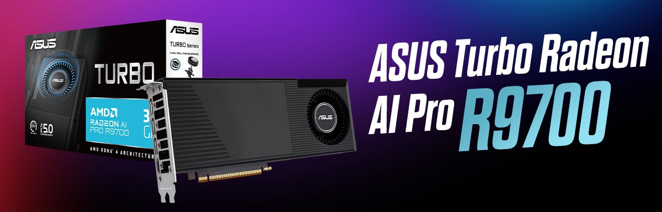 Yüksek performanslı ASUS Turbo Radeon AI Pro R9700 grafik kartı, oyun ve grafik tasarımı için güçlü ve hızlı çözüm.