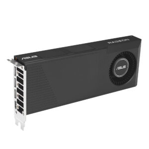ASUS Turbo Radeon AI Pro R9700 32GB ekran kartı açılı görünüm, HDMI ve DisplayPort çıkışları