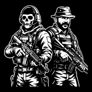 Herkes savaşçı ve korkusuz askerlere özgü siyah-beyaz savaş temalı çizim. İki asker silah tutuyor, biri iskelet maske takmış diğeri ise şapka ve sakal ile görünüm sağlıyor.
