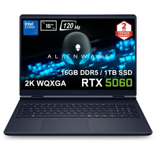 Yüksek performanslı Alienware oyun laptopu, RTX 5060 ekran kartı ve 16GB RAM, 1TB SSD, 16 inç ekran, 120Hz yenileme hızı ile oyun ve yaratıcı işler için ideal.