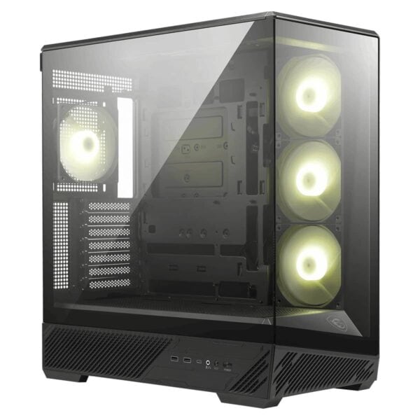 Gelişmiş gaming kasası, üç adet aydınlatmalı fan ve şeffaf cam panel ile modern tasarım.