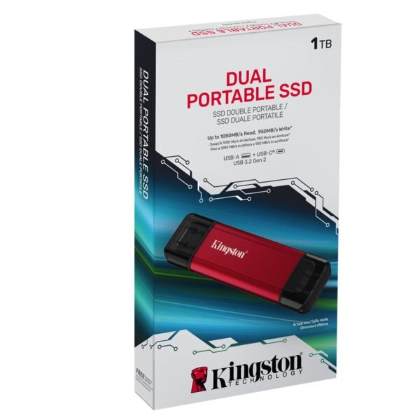 Yüksek hızlı Kingston çift portatif SSD, 1TB kapasite, Windows ve Mac uyumlu, taşınabilir ve dayanıklı, veri aktarım hızlarıyla oyun ve profesyonel kullanıma uygun.