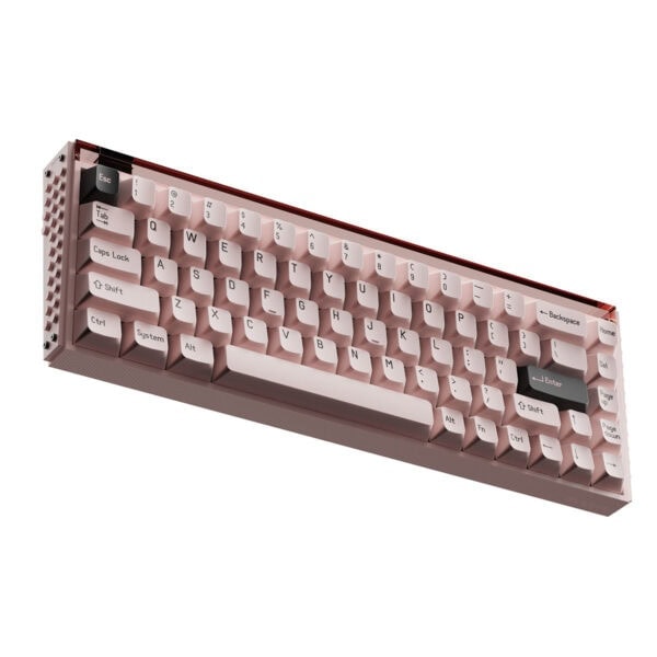 Yapışkanlı pembe ve gri oyun klavyesi, bilgisayar oyunları ve yazılım kullanımı için ergonomik ve şık tasarım.