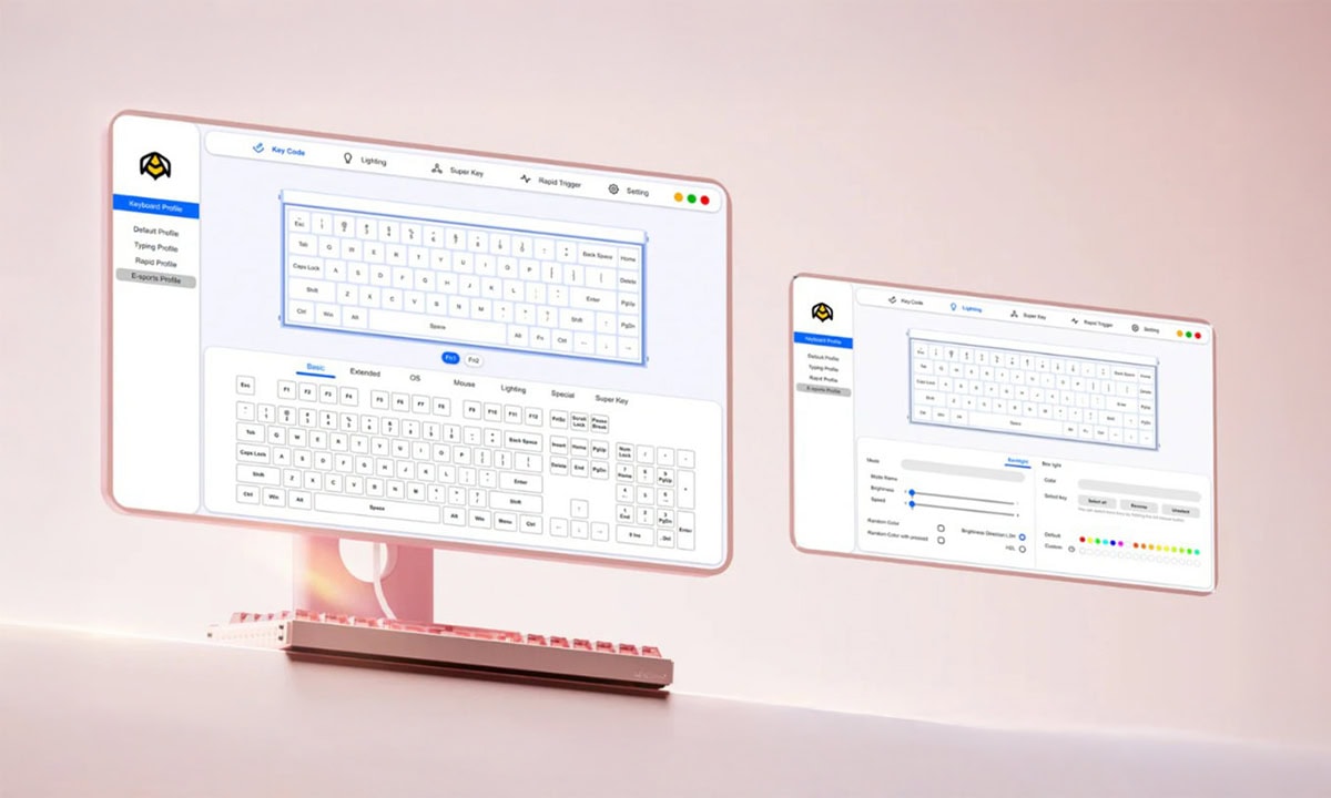 Yapay zeka destekli klavye ayarları ve özelleştirme arayüzü, oyun ve masaüstü kullanıcıları için ergonomik ve kişisel klavye yapılandırması, RGB renk seçeneği ve farklı profil özellikleri içeren ekranlar.