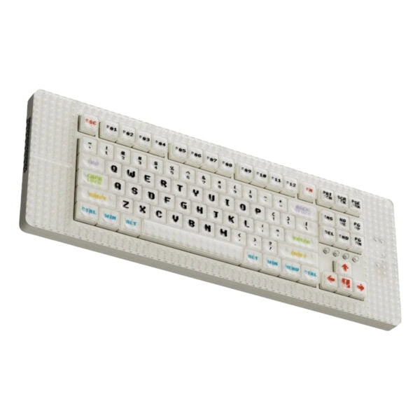 Beyaz renkli, renkli harflerle ve fonksiyon tuşlarıyla donatılmış mini bilgisayar klavye, gençler ve çocuklar için eğlenceli ve kullanışlı bir bilgisayar aksesuarı.