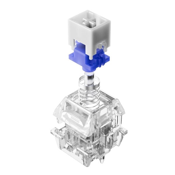 Yüksek detaylı bilgisayar klavye mekanik anahtar ve yay parçaları, şeffaf tasarımla gösterilmiştir, oyun ve bilgisayar donanımı arayanlar için ideal, dayanıklı ve hassas anahtar yapısı.