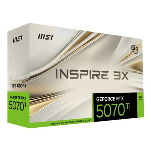 Görüntülenen ürün Nvidia GeForce RTX 5070 Ti ekran kartı kutusu, yüksek performans ve DLSS 4, Ray Tracing özellikleri ile profesyonel oyun ve grafik tasarım için ideal.