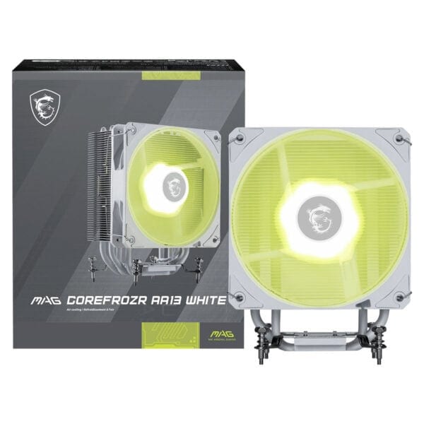Yüksek performanslı MSI MAG COREFOZR AA13 beyaz oyun CPU soğutucu, gelişmiş hava akışı ve düşük gürültü ile bilgisayar sistemleri için ideal soğutma çözümü.