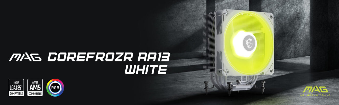 Fan soğutucu CPU soğutucu MSI MAG CoreFozr AA13 Beyaz, yüksek performanslı soğutma ve estetik tasarım. Oyun ve bilgisayar performansını artırmak için ideal, RGB aydınlatmalı ve uyumlu işlemci soğutucu.