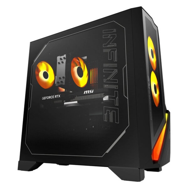 Kamera soğutmalı, RGB aydınlatmalı yüksek performanslı oyun bilgisayarı kasası, MSI ve NVIDIA GeForce RTX ekran kartı ile şık ve dayanıklı tasarım.