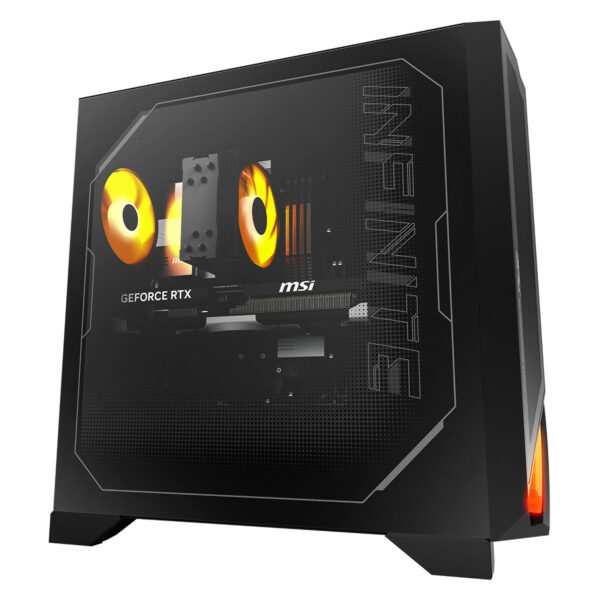 Yüksek performanslı gaming masaüstü bilgisayar, NVIDIA GeForce RTX ekran kartı ve MSI markası ile, şık ve güçlü tasarımıyla dikkat çekiyor.